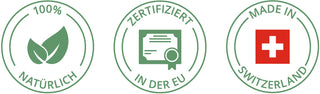 100% natürlich, Zertifiziert in der EU, Made in Switzerland